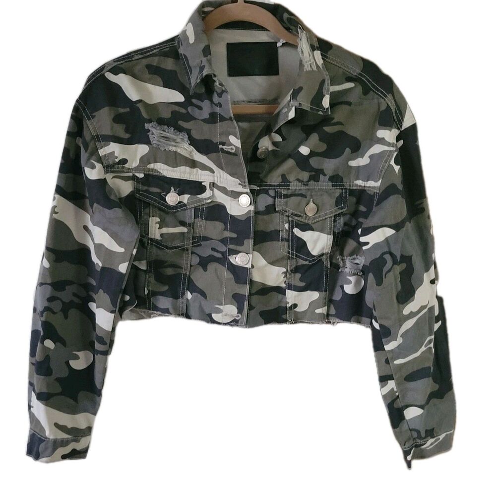 Refuge Denim Cropped Camo Jacket Womens S Gray Black Ripped Distressed Jacket